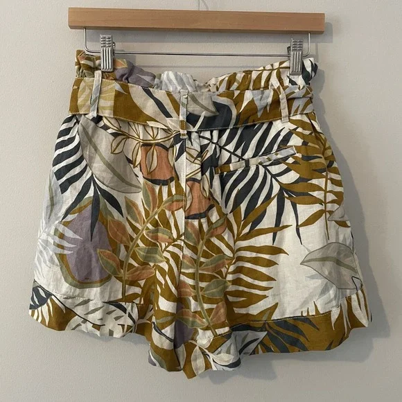 Cynthia Rowley 100% Linen Paperbag Floral Leaf Shorts Sz M Resort Tropical Boho - Picture 2 of 11